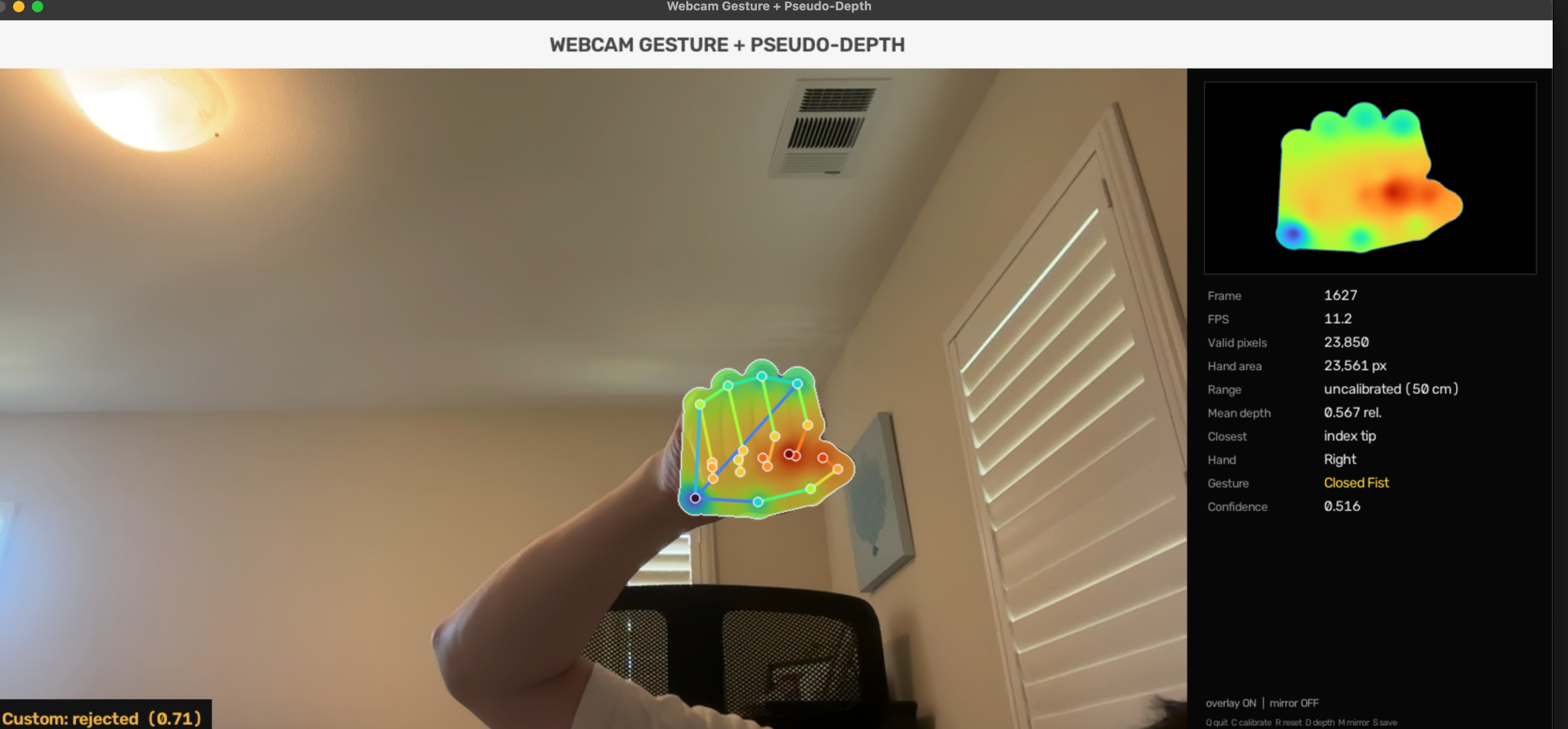 Closed-fist gesture detected in the real-time webcam dashboard