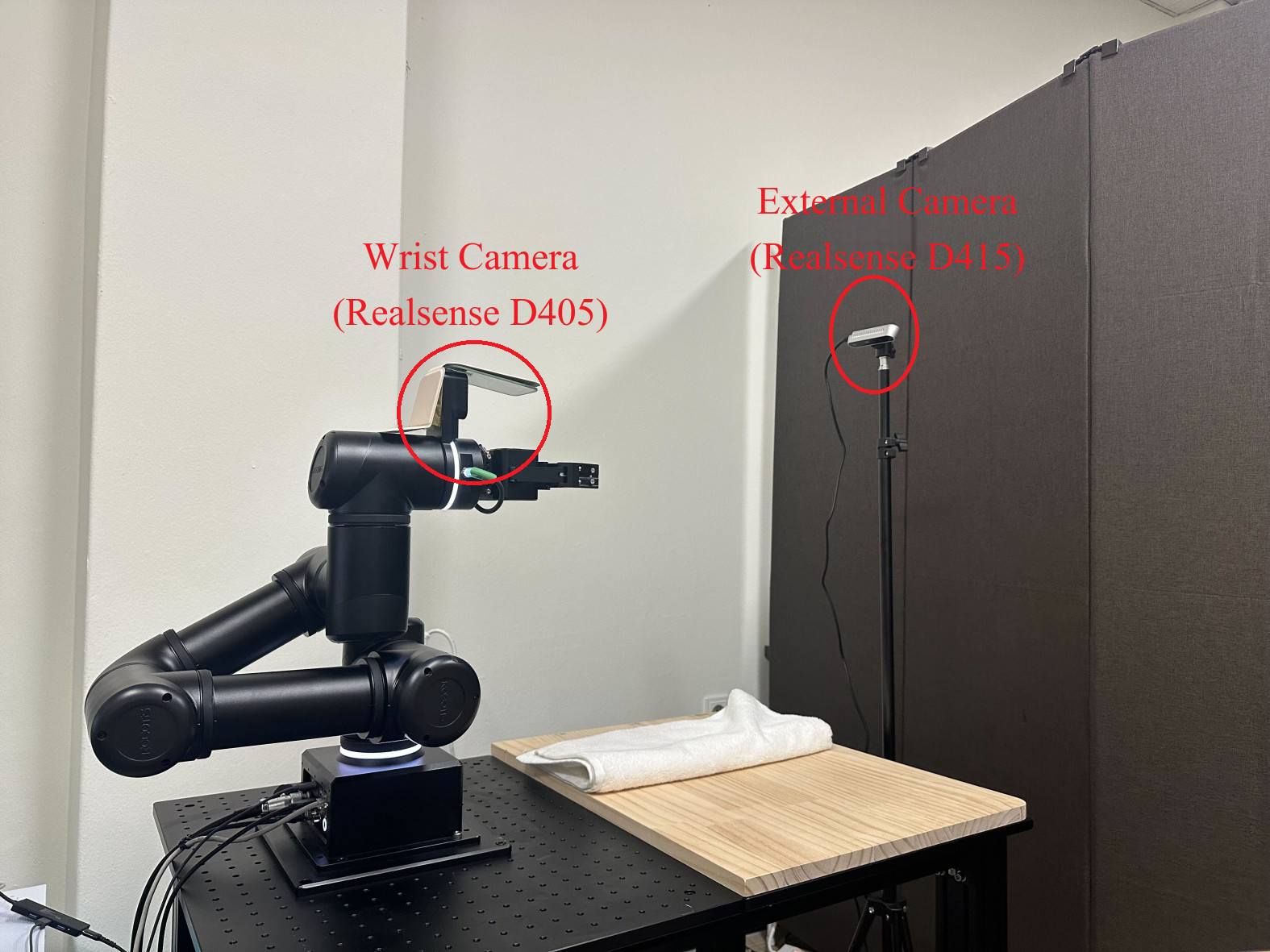 OpenManipulator-Y towel folding hardware setup with wrist and external RGB-D cameras