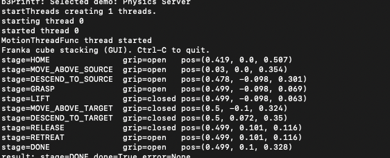 Terminal output showing the Franka cube-stacking task progressing through motion stages and completing